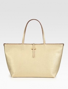 Stash your essentials in this roomy carryall crafted from luxe metallic leather with a textured finish.Double top handles, 7¾ dropFlap strap over top-zip closureInner zip pouchFully lined12¾W X 10H X 6DMade in Italy Stash your essentials in this roomy carryall crafted from luxe metallic leather with a textured finish.Double top handles, 7¾ dropFlap strap over top-zip closureInner zip pouchFully lined12¾W X 10H X 6DMade in Italy