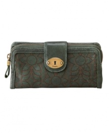 With a butterfly print accented by perforated detail, this Fossil clutch is pretty and practical. With a butterfly print accented by perforated detail, this Fossil clutch is pretty and practical.
