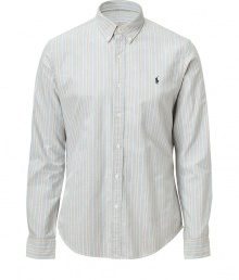 Easy, understated and classically cool, Polo Ralph Laurens striped button-down is a must in any modern wardrobe - Small button-down collar, long sleeves, buttoned cuffs, front button placket, embroidered polo logo, shirttail hemline, allover print, new slim cut is more fitted through chest and torso - Dress up with suit trousers and a blazer, or go for a more casual look with jeans and a pullover Easy, understated and classically cool, Polo Ralph Laurens striped button-down is a must in any modern wardrobe - Small button-down collar, long sleeves, buttoned cuffs, front button placket, embroidered polo logo, shirttail hemline, allover print, new slim cut is more fitted through chest and torso - Dress up with suit trousers and a blazer, or go for a more casual look with jeans and a pullover