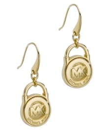 You'll want to put this accessory on lock. Michael Kors' must-have earrings feature the MK logo and a trendy lock shape. Crafted in gold tone mixed metal. Approximate drop: 1-1/4 inches.