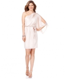 Maggy London's one-shoulder style is mesmerizing with a single short split sleeve and drawstring waist.