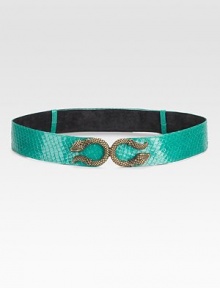 An adjustable snake-print leather design with brass snake shaped hardware. Width, about 1½ Made in USA 