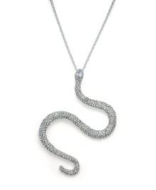 Simply serpentine. The chic s-curve of Bar III's sparkling snake pendant make it a delightful addition to your accessory collection. Crafted in rhodium-plated mixed metal with sparkling crystal details. Approximate length: 30 inches + 3-inch extender. Approximate drop length: 4 inches. Approximate drop width: 2-1/2 inches. Simply serpentine. The chic s-curve of Bar III's sparkling snake pendant make it a delightful addition to your accessory collection. Crafted in rhodium-plated mixed metal with sparkling crystal details. Approximate length: 30 inches + 3-inch extender. Approximate drop length: 4 inches. Approximate drop width: 2-1/2 inches.