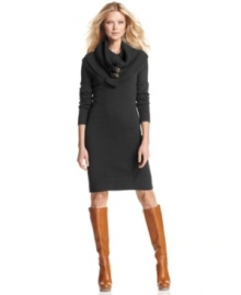 The oversized cowl neckline of MICHAEL Michael Kors' sweater dress is adorned with faux-leather buckles as a luxe finishing touch.