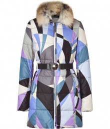 The classic Pucci print covers this super chic fur-lined down coat that will add high style to your cold weather look - Fur-trimmed spread collar, long sleeves, front zip closure, elasticized waist belt, quilted, all-over print - Wear with skinny jeans, a cashmere sweater, and shearling ankle boots The classic Pucci print covers this super chic fur-lined down coat that will add high style to your cold weather look - Fur-trimmed spread collar, long sleeves, front zip closure, elasticized waist belt, quilted, all-over print - Wear with skinny jeans, a cashmere sweater, and shearling ankle boots