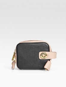 Colorblock Saffiano leather with vintage button detail.Zip-around closure Two inside open pockets Leather lining 6¾W X 5¾H X 3D Made in Italy Colorblock Saffiano leather with vintage button detail.Zip-around closure Two inside open pockets Leather lining 6¾W X 5¾H X 3D Made in Italy