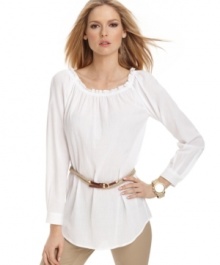 In a light, gauzy fabric, this MICHAEL Michael Kors tops is perfect for an airy spring look! The detachable wrap-around rope belt adds a rustic-gone-refined element!