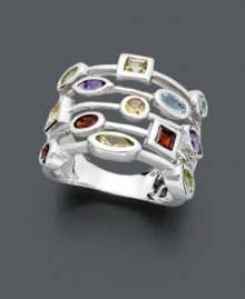 Get instant layers in this colorful-chic cocktail ring. Five rows feature an array of colorful gemstones including citrine (1/4 ct. t.w.), green amethyst (1/6 ct. t.w.), garnet (1/2 ct. t.w.), blue topaz (3/8 ct. t.w.), lemon quartz (1/5 ct. t.w.), amethyst (1/3 ct. t.w.), and peridot (1/4 ct. t.w.). Sizes 6, 7 and 8. Get instant layers in this colorful-chic cocktail ring. Five rows feature an array of colorful gemstones including citrine (1/4 ct. t.w.), green amethyst (1/6 ct. t.w.), garnet (1/2 ct. t.w.), blue topaz (3/8 ct. t.w.), lemon quartz (1/5 ct. t.w.), amethyst (1/3 ct. t.w.), and peridot (1/4 ct. t.w.). Sizes 6, 7 and 8.