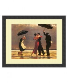 Jack Vettriano's distinctive and widely popular works conjure romantic, fanciful settings with 1920s-inspired motifs. This whimsical scene of singing and dancing in the rain is elegantly finished in a simple, satin black frame.