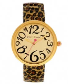 Right on time for all nine lives. Watch by Betsey Johnson crafted of leopard print plated stainless steel expansion bracelet and oversized round gold tone stainless steel case. Champagne dial features black numerals, gold tone hour and minute hands, signature fuchsia second hand and logo. Quartz movement. Water resistant to 30 meters. Two-year limited warranty.