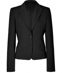 With its sharply tailored fit and timeless classic styling, Hugos jet black blazer is an all-season essential - Peaked lapel, long sleeves, two button closures, front flap pockets, back vent - Slightly shorter, tailored fit - Pair with a crisp white shirt and jeans, or dress up for work with a pencil skirt and peep-toes