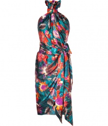 Super-luxurious dress in fine printed silk - Elegant, energetic  multicolor floral print - Slim and super-glamorous silhouette with halter straps and wide waist belt - Sexy backless cut - Draped skirt is knee length - Excellent choice for sophisticated summer events - Style with plateau sandals, wedges or peep toes