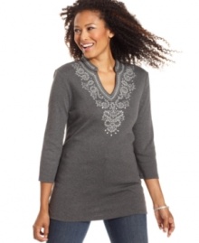 Add a worldly touch to your everyday look with Karen Scott's embroidered petite tunic. The longer length makes it so flattering, too! Add a worldly touch to your everyday look with Karen Scott's embroidered petite tunic. The longer length makes it so flattering, too!