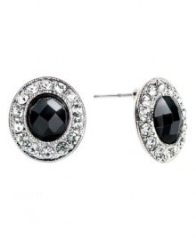 Sparkling earrings with articulated elegance, by Monet. In silvertone mixed metal, jet stones and crystal accents. Sparkling earrings with articulated elegance, by Monet. In silvertone mixed metal, jet stones and crystal accents.