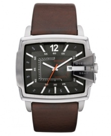 Striking in detail, this handsome Diesel timepiece makes accuracy cool. Watch crafted of dark brown leather strap and square stainless steel case. Gunmetal tone dial features white hour and minute hands, orange second hand, silver tone applied stick indices, numerals at twelve o'clock, white and orange inner minute track, date window at three o'clock and logo. Quartz movement. Water resistant to 50 meters. Two-year limited warranty.