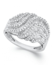 Subtly sparkling and precisely detailed, this elegant ring is boldly dramatic yet timeless. Crafted in sterling silver with round and baguette-cut diamonds (1 ct. t.w.). Size 7. Subtly sparkling and precisely detailed, this elegant ring is boldly dramatic yet timeless. Crafted in sterling silver with round and baguette-cut diamonds (1 ct. t.w.). Size 7.