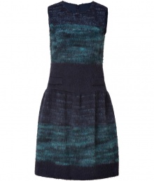 With a dark oceanic-inspired color scheme, this wool-blend office-ready dress from Anna Sui will elevate your workweek look - Round neck, sleeveless, fitted bodice, dropped waist, flap pockets, full skirt, concealed back zip closure, multicolored fringed knit - Wear with a slim trench and knee-high leather boots