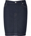 Build the foundations of your layering basics with True Religions dark wash denim pencil skirt, detailed with just the right amount of stretch for an ultra flattering fit - Classic five-pocket style, button closure, belt loops, kick pleat - Form-fitting, straight cut - Team with cool knits and flats, or dress up for work with oversized blazers and platform ankle boots