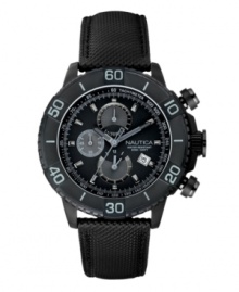 Stand the test of time with the tough style of this watch by Nautica. Black textured polyurethane strap and round black-plated stainless steel case. Bezel with large numerals. Black chronograph dial features stick indices, minute track, tachymeter scale, date window at four o'clock, three subdials, luminous hands and logo. Quartz movement. Water resistant to 100 meters. Five-year limited warranty. Stand the test of time with the tough style of this watch by Nautica. Black textured polyurethane strap and round black-plated stainless steel case. Bezel with large numerals. Black chronograph dial features stick indices, minute track, tachymeter scale, date window at four o'clock, three subdials, luminous hands and logo. Quartz movement. Water resistant to 100 meters. Five-year limited warranty.