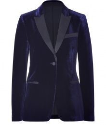 Luxurious blazer in fine, dark blue velvet adds instant elegance to any outfit - Designed in a tuxedo look with black contrasting lapels, welt pockets, and single button front - Slim cut with a feminine waist and sleeves - Looks great with a cocktail dress or silk top with skinny jeans and platform heels Luxurious blazer in fine, dark blue velvet adds instant elegance to any outfit - Designed in a tuxedo look with black contrasting lapels, welt pockets, and single button front - Slim cut with a feminine waist and sleeves - Looks great with a cocktail dress or silk top with skinny jeans and platform heels