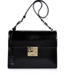 Give dressy day to evening looks an exquisitely luxurious polish with Salvatore Ferragamos jet black python shoulder bag - Flap with hinged logo lock closure, key attached to strap, gold-toned logo hardware, black leather interior, zippered back wall sectional pocket - An elegant accessory destined to be a multi-season gem Give dressy day to evening looks an exquisitely luxurious polish with Salvatore Ferragamos jet black python shoulder bag - Flap with hinged logo lock closure, key attached to strap, gold-toned logo hardware, black leather interior, zippered back wall sectional pocket - An elegant accessory destined to be a multi-season gem