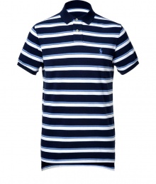 Detailed in ultra soft cotton pique, this striped polo is the epitome of the timeless classic Ralph Lauren look - Small navy collar, button placket, short sleeves, navy trim, embroidered polo player at chest, slit sides, high-low hemline - Classic cut - Wear with everything from jeans and sneakers to colored cords and loafers Detailed in ultra soft cotton pique, this striped polo is the epitome of the timeless classic Ralph Lauren look - Small navy collar, button placket, short sleeves, navy trim, embroidered polo player at chest, slit sides, high-low hemline - Classic cut - Wear with everything from jeans and sneakers to colored cords and loafers