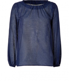 With its breezy sheer cotton-silk blend and sweet polka dot patterning, Band of Outsiders loosely draped top is a fun choice for spring sophistication - Wide gathered neckline, long sleeves, gathered buttoned cuffs, buttoned shoulder seam - Loosely draped fit - Wear with skinnies and bright leather flats