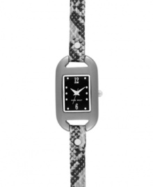 Exotic minimalism in a slim and sleek package from Nine West. Watch crafted of snake printed leather strap and rectangular gunmetal tone mixed metal case. Black dial features silver tone dot markers, numerals at twelve and six o'clock, hour and minute hands, sweeping second hand and logo at six o'clock. Quartz movement. Limited lifetime warranty.