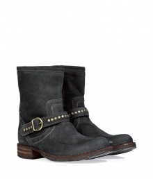 Add instant trend-right edge to your casual ensembles with these luxe suede ankle boots from celeb favorite shoe line Fiorentini & Baker - Slightly upturned rounded toe, chunky leather heel, stud-detailed ankle strap, side zip closure - Wear with denim cut offs, a floral mini-dress, or skinny jeans and an oversized top