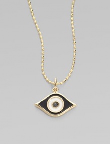 This protective evil eye, strung from a 14k yellow gold chain, is richly punctuated by a black diamond. Diamond, 0.2 tcw Enamel 14k yellow gold Chain length, about 16 Pendant width, about ½ Claw clasp Made in USA This protective evil eye, strung from a 14k yellow gold chain, is richly punctuated by a black diamond. Diamond, 0.2 tcw Enamel 14k yellow gold Chain length, about 16 Pendant width, about ½ Claw clasp Made in USA