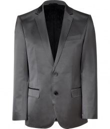 Elegant jacket in fine, grey cotton and synthetic fiber blend - Fabric has a slight, sleek sheen - Single breasted blazer style with two-button closure - Small collar and slim lapels - Two front flap pockets, single chest pocket - Side vents at rear - Modern silhouette is straight and slim - A polished, slick staple in any wardrobe - Dress up with suit trousers and a button down, or pair with jeans and a t-shirt for a more casual look