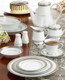The unparalleled style of Noritake china has been gracefully setting tables for more than ninety years. The formal Crestwood Platinum dinnerware and dishes collection features crisp white china embellished with a shimmering border of interlocking scrolled leaves and an edge of polished platinum. The unparalleled style of Noritake china has been gracefully setting tables for more than ninety years. The formal Crestwood Platinum dinnerware and dishes collection features crisp white china embellished with a shimmering border of interlocking scrolled leaves and an edge of polished platinum.