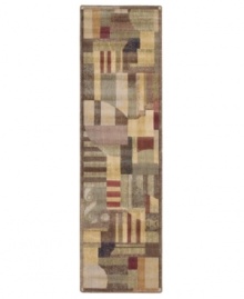 A modern design of animated beauty, this rug renders columns in an abstract collage of rectangles accented with graceful curvilinear details. A cool green palette is tinged with warm hues of brown. Woven of premium Opulon(tm) yarns to create a lavish pile with a rich, color-enhancing finish.