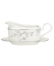 Birch branches grow around this pure white porcelain gravy boat and tray, turning formal tables into serene landscapes. A contemporary design refined in polished platinum with a breezy, all-natural beauty. From Noritake's collection of serveware and serving dishes. Birch branches grow around this pure white porcelain gravy boat and tray, turning formal tables into serene landscapes. A contemporary design refined in polished platinum with a breezy, all-natural beauty. From Noritake's collection of serveware and serving dishes.