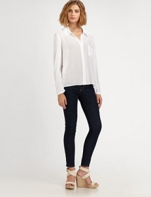 Semi-sheer classic boasts a single patch pocket and hi-low hem. Point collarButton frontSingle patch pocketLong sleevesHi-low hemRayonMachine washMade in USA Semi-sheer classic boasts a single patch pocket and hi-low hem. Point collarButton frontSingle patch pocketLong sleevesHi-low hemRayonMachine washMade in USA