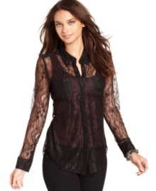 Sheer lace is oh-so hot for fall! Get the look with this GUESS blouse that's perfect for layering!