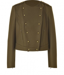 Stylish jacket in fine olive-colored wool blend - Feminine interpretation of a military-inspired design - Trendy with a double row of gold buttons, epaulets and zipper pockets - Short cut with long arms, round neckline - Fashionable piece with tight skirts, skinny jeans or suit pants Stylish jacket in fine olive-colored wool blend - Feminine interpretation of a military-inspired design - Trendy with a double row of gold buttons, epaulets and zipper pockets - Short cut with long arms, round neckline - Fashionable piece with tight skirts, skinny jeans or suit pants