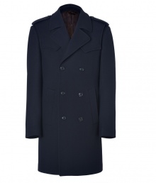 With classic military-inspired styling, this sleek wool overcoat from Baldessarini boasts warmth and effortless urbane-cool appeal - Large spread collar, epaulets, long sleeves, double-breasted with front button placket, slash pockets, tonal stitched back yoke, back vent - Classic straight cut - Pair with slim trousers, a cashmere pullover, and brogues With classic military-inspired styling, this sleek wool overcoat from Baldessarini boasts warmth and effortless urbane-cool appeal - Large spread collar, epaulets, long sleeves, double-breasted with front button placket, slash pockets, tonal stitched back yoke, back vent - Classic straight cut - Pair with slim trousers, a cashmere pullover, and brogues