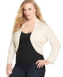 Top off your sleeveless styles with One 7 Six's long sleeve plus size shrug, featuring a metallic finish. (Clearance)