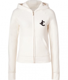 Inject sporty style into your casual-cool looks with Juicy Coutures flocked logo hoodie, detailed with metallic trim for that contemporary glamorous edge - Hooded, front zip closure, long sleeves, split kangaroo pocket - Slim fit - Layer over tees, lounge pants, and statement fashion sneakers