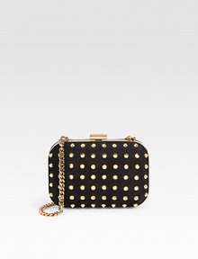 Black nubuck leather minaudiere with allover studs and a chain strap. Chain shoulder strap, 7½ dropTop clasp closureLeather lining6W X 4H X 2DMade in Italy Black nubuck leather minaudiere with allover studs and a chain strap. Chain shoulder strap, 7½ dropTop clasp closureLeather lining6W X 4H X 2DMade in Italy