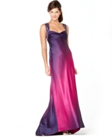 A showstopping look, this colorful ombre-hued Onyx gown features a graceful silhouette, beautiful bead embellishment and pretty train at the back.