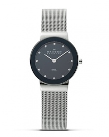 Skagen's modern take on time starts with this watch with a black/silver dial framed by a prominent black bezel. Swarovski crystal hour indices and finished with a silver mesh band.