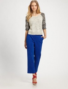 A bold pair of trousers in a flirty, modern silhouette.Zip flyBelt loopsSits high on the waistBack slash pocketsCroppedRise, about 9Inseam, about 2797% cotton/3% elastaneDry cleanImported A bold pair of trousers in a flirty, modern silhouette.Zip flyBelt loopsSits high on the waistBack slash pocketsCroppedRise, about 9Inseam, about 2797% cotton/3% elastaneDry cleanImported