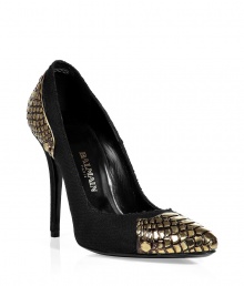 Bring trend-right style to your favorite ensembles with these brass-detailed pumps from Parisian It label Balmain - Pointed toe with python brass detail at toe and heel, super high stiletto heel - Style with figure-hugging skinnies, an asymmetrical hem top, and a draped front leather coat for edgy-cool style