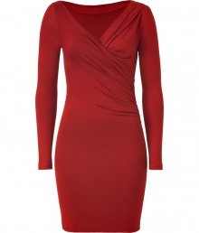 Add bold style to your cocktail-ready look in this draped silk dress from Plein Sud - Draped faux wrap V-neck, long sleeves, asymmetrical drape, fitted silhouette, mini length - Style with statement heels and a leather clutch