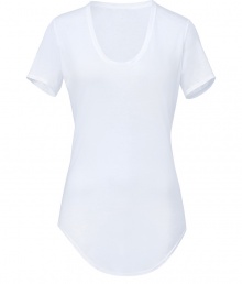 Get the Helmut Lang look by grounding your basics with wardrobe essentials like this super soft scoop neck tee from Helmut - Scoop neckline, short sleeves, longer shirttail hemline in front - Loosely fitted - Wear with figure-hugging separates and edgy leather accessories