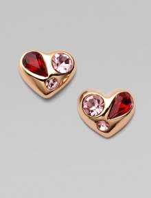 A warm rose goldtone style with colorful rhinestone accents. Rose goldtone brassGlass stonesSize, about ½Post backImported 