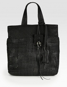 Strips of luxurious nappa leather woven into a geometric, lace design accented with two decorative tassels.Braided double top handles, 7½ dropMagnetic top closureOne detachable zip pouch15½W X 14H X 3½DImported Strips of luxurious nappa leather woven into a geometric, lace design accented with two decorative tassels.Braided double top handles, 7½ dropMagnetic top closureOne detachable zip pouch15½W X 14H X 3½DImported