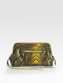 A bold and chic style in python printed leather that is sure to make an impression.Top zip closureOne outside zip pocketOne inside zip pocketCotton lining10¾W X 6½H X 2DImported A bold and chic style in python printed leather that is sure to make an impression.Top zip closureOne outside zip pocketOne inside zip pocketCotton lining10¾W X 6½H X 2DImported